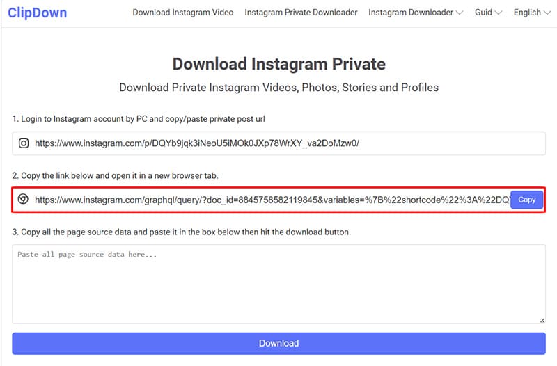 Copy the link created on Clipdown