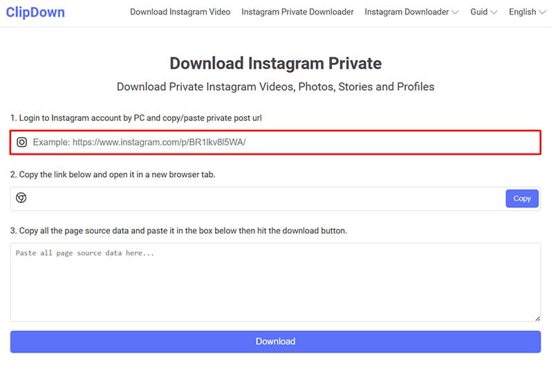 Paste the private link into Clipdown