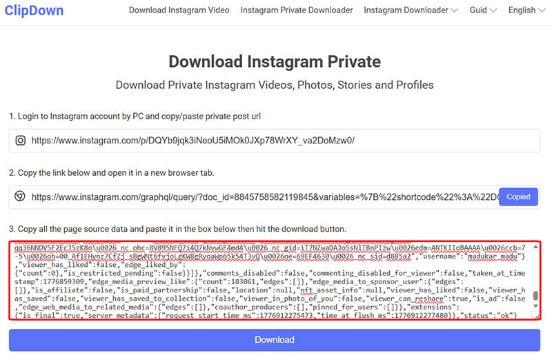 Paste the entire source code into Clipdown